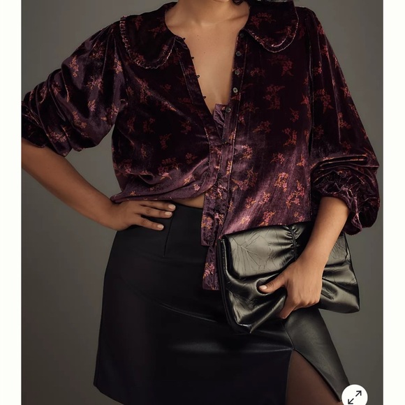 Anthropologie Pilcro Purple Velour Floral Buttoned Relaxed Blouse - Picture 5 of 14